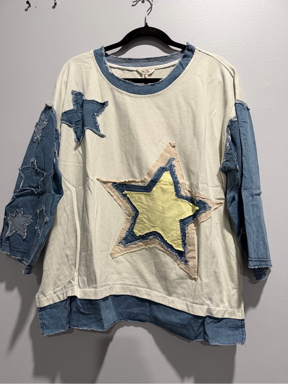 Blue Velvet Cream Star Appliqué Sweatshirt with Denim Accents